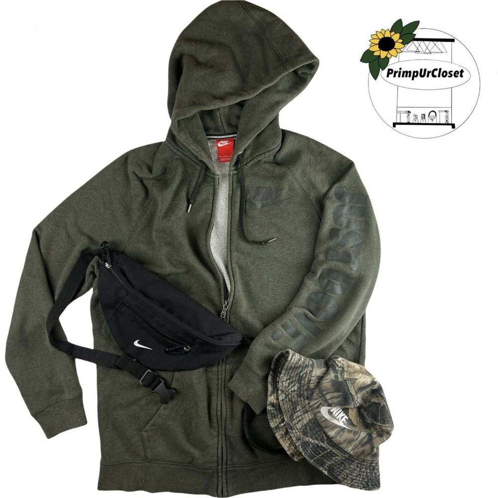 Nike Sportswear Full Zip Hoodie Sweatshirt Green Arm Spell Out Hoodie Mens Mediu